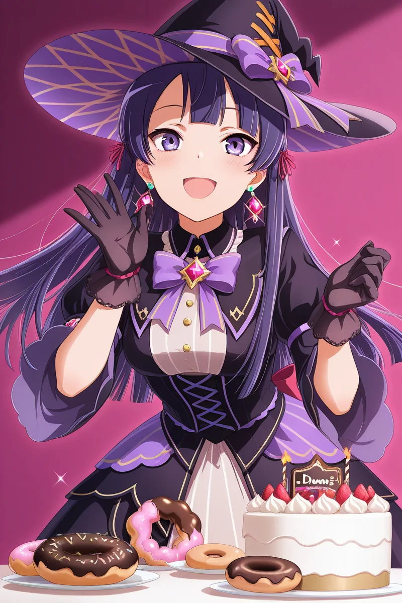 masterpiece, best quality, amazing quality,
<lora:Tamao_IL:1> tamao, 1girl, hat, food, witch hat, jewelry, earrings, gloves, purple hair, purple eyes, long hair, solo, dress, open mouth, smile, cake, black gloves, bow, doughnut
