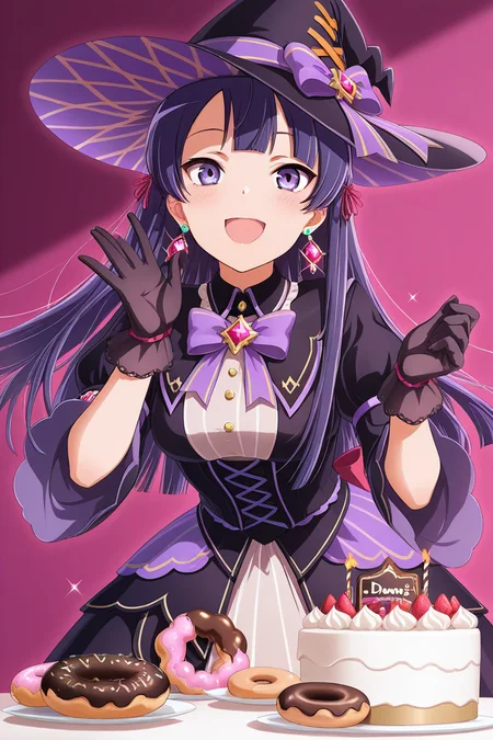 masterpiece, best quality, amazing quality,
 <lora:Tamao_IL:1> tamao, 1girl, hat, food, witch hat, jewelry, earrings, gloves, purple hair, purple eyes, long hair, solo, dress, open mouth, smile, cake, black gloves, bow, doughnut