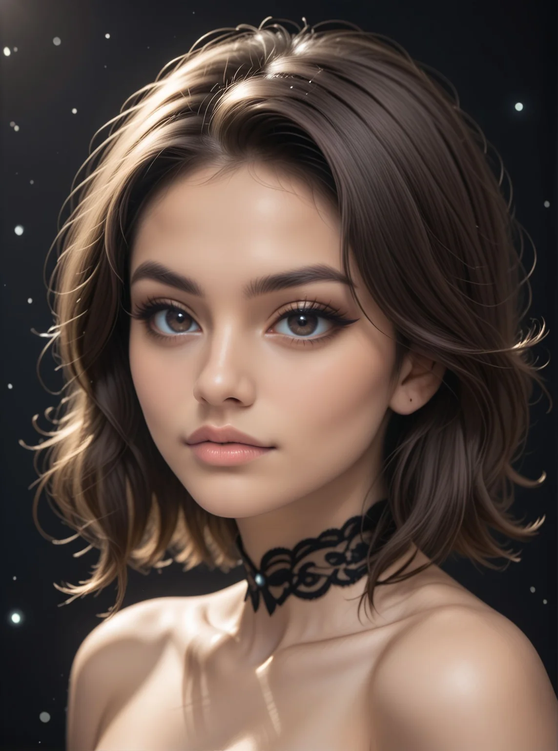 woman, looking at viewer, dark background, bare shoulders, choker, black eyeliner, seductive, flirtatious, floating hair, floating particles, detached sleeves, elegant, close, <lora:Woomy_4_Pony:1> dark skin, dark eyes, brown hair, medium hair,