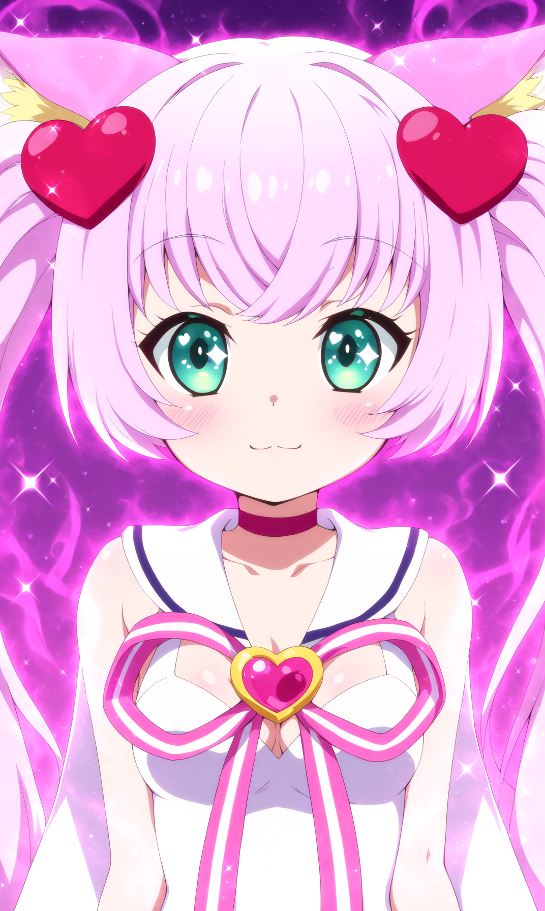 masterpiece, best qualify, beautiful eyes, zzRosia, 1girl, solo, animal ears, breasts, long hair, hair ornament, cat ears, twintails, pink hair, green eyes, heart, aura, smile, upper body, :3, looking at viewer, cleavage, blush, animal ear fluff, choker, purple background, heart hair ornament, cat girl