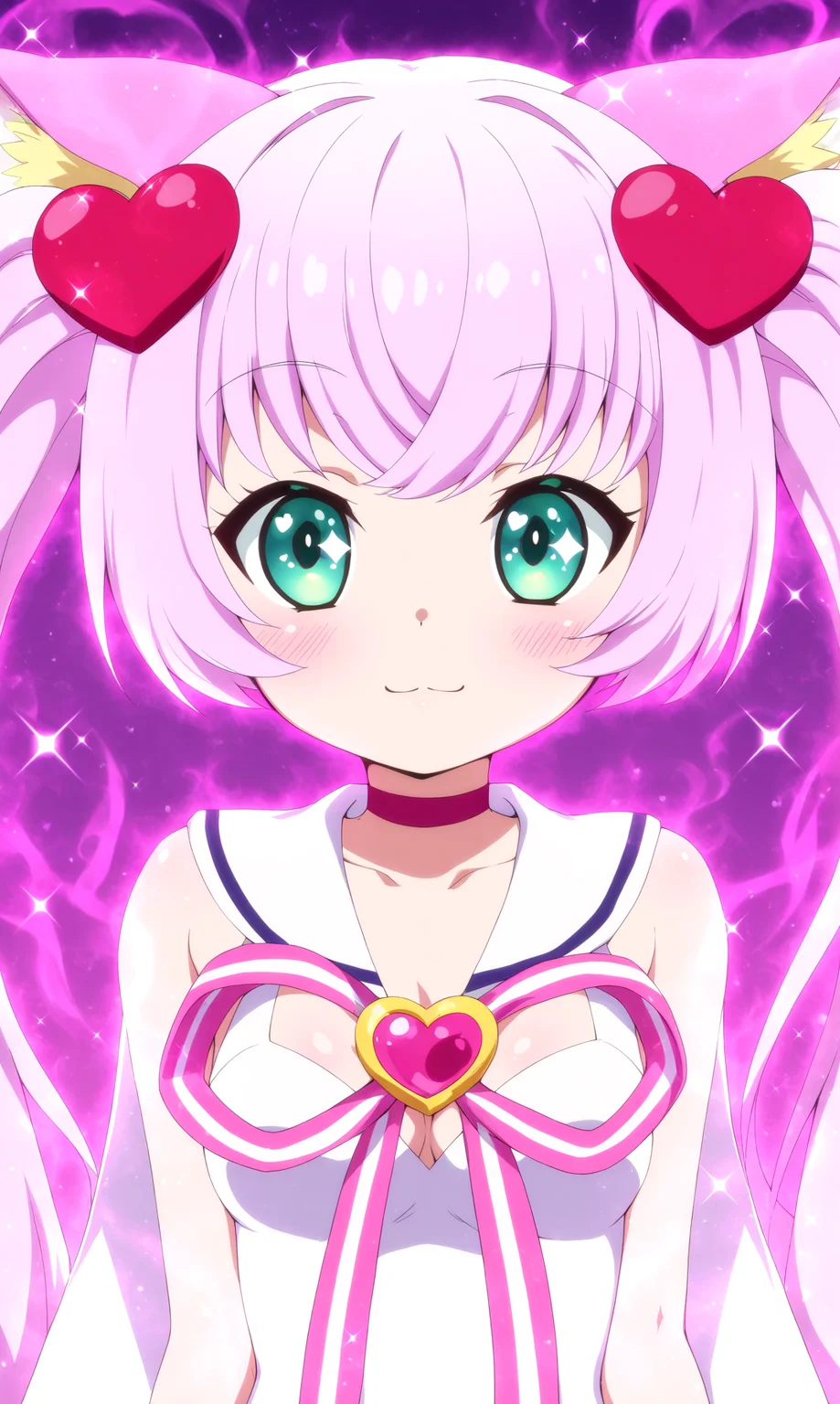 masterpiece, best qualify, beautiful eyes, zzRosia, 1girl, solo, animal ears, breasts, long hair, hair ornament, cat ears, twintails, pink hair, green eyes, heart, aura, smile, upper body, :3, looking at viewer, cleavage, blush, animal ear fluff, choker, purple background, heart hair ornament, cat girl