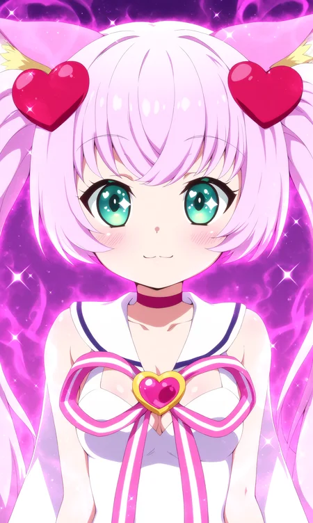 masterpiece, best qualify, beautiful eyes, zzRosia, 1girl, solo, animal ears, breasts, long hair, hair ornament, cat ears, twintails, pink hair, green eyes, heart, aura, smile, upper body, :3, looking at viewer, cleavage, blush, animal ear fluff, choker, purple background, heart hair ornament, cat girl