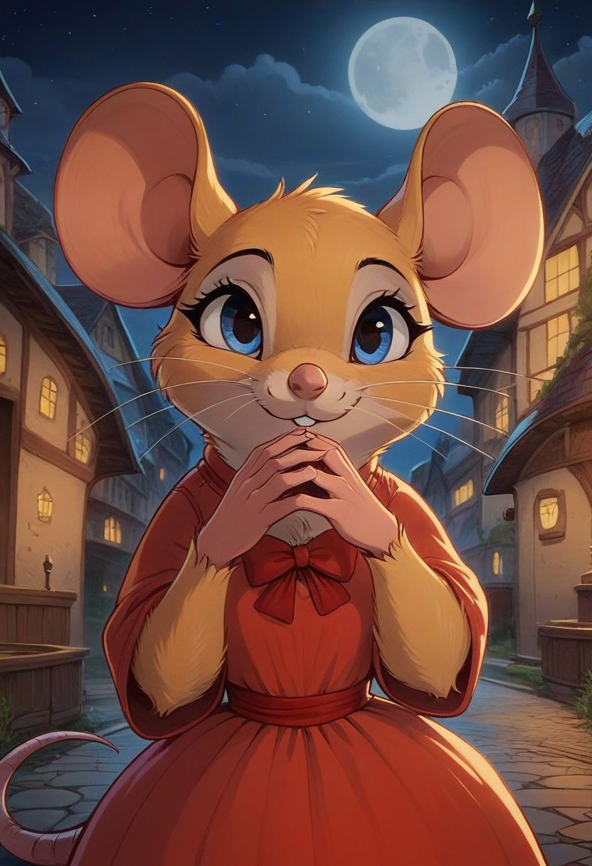 score_9, score_8_up, score_8, solo, (fluffy), feral, (feral), ((outdoors)), (((mouse))), female, blue eyes, yellow fur, yellow ears, claws, (fluffy cheeks:0.5), (simple red dress), in the style of beatrix potter, (cartoon style) fca style, cel-shading, village, solo, (solo:1.5), night, dark, upper body shot, (head focus), moon, (backlit), hands together, red bow