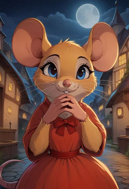 score_9, score_8_up, score_8, solo, (fluffy), feral, (feral), ((outdoors)), (((mouse))), female, blue eyes, yellow fur, yellow ears, claws, (fluffy cheeks:0.5), (simple red dress), in the style of beatrix potter, (cartoon style) fca style, cel-shading, village, solo, (solo:1.5), night, dark, upper body shot, (head focus), moon, (backlit), hands together, red bow