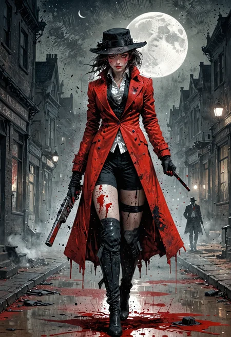 Illustration in red and black ink, distressed white paper, inkpunk, ink stains, ink splatter, drops, , empty street of a Victorian city and the figure of a woman in a suit, thighhighs, coat and cap with a revolver in her hand and a knife in the other emerging from shadow, moon, moonlight, <lora:EpicF4nta5yXL:0.8>
