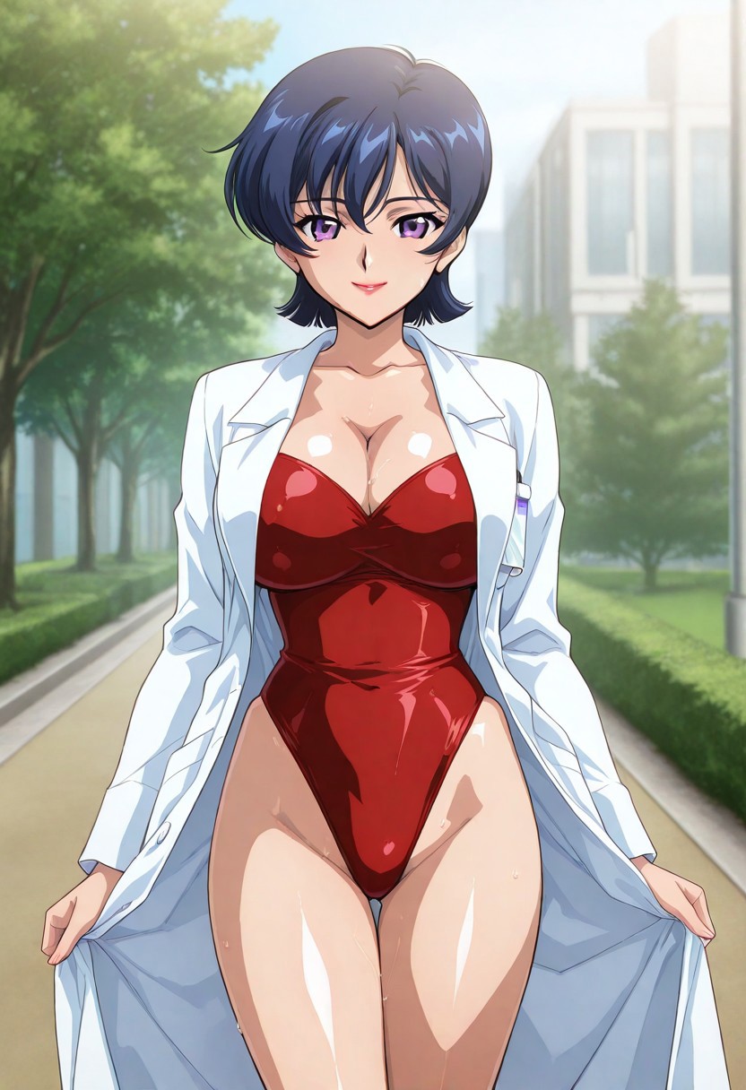 very_aesthetic, best_quality ,high_resolusion, 8K,crisp quality, ultra detailed,perfect_eyes,
anime screencap, Erotic_style, 
outdoors,cowboy shot, standing, straight-on, doctor costume, red leotard, smile,
Dr.maririne,navy blue_hair,short hair, purple eyes, lipstick,1woman,solo,
