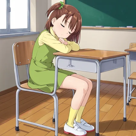 indoors, classroom,  <lora:v2:1> jerikatou, 1girl, solo, brown hair, green dress, yellow collared shirt, side ponytail, shoes, yellow socks, sitting, at desk, in chair, sleeping.