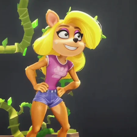 smile, furry female, indoors, looking away, outdoors, fur textured skin, blue denim, pink eyeshadow, blonde hair, pink t-shirt, teeth, crystal, vines, screencap, wide-eyed, eyeliner, black background, full body, hands on own hip