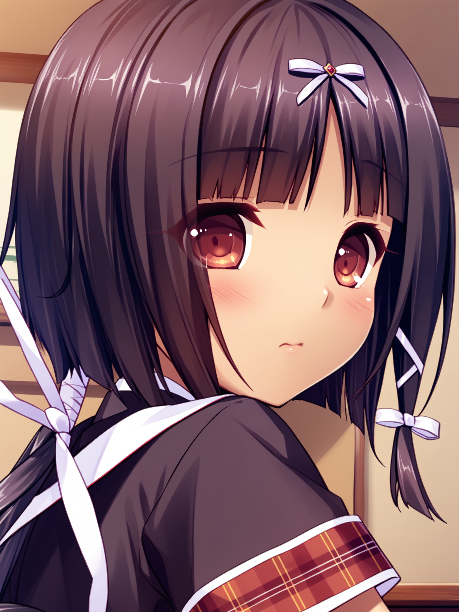 <lora:happy_tentacle-arle-v0.1-000034:1>, ht_arle, low ponytail, hair ribbon, black shirt, plaid clothes, layered skirt, hair ornament, school , 1girl, solo, upper body , , ((wavy mouth:0.8) :1), , looking back , , facing viewer , score_9, score_8_up, score_7_up, score_6_up, score_5_up, score_4_up