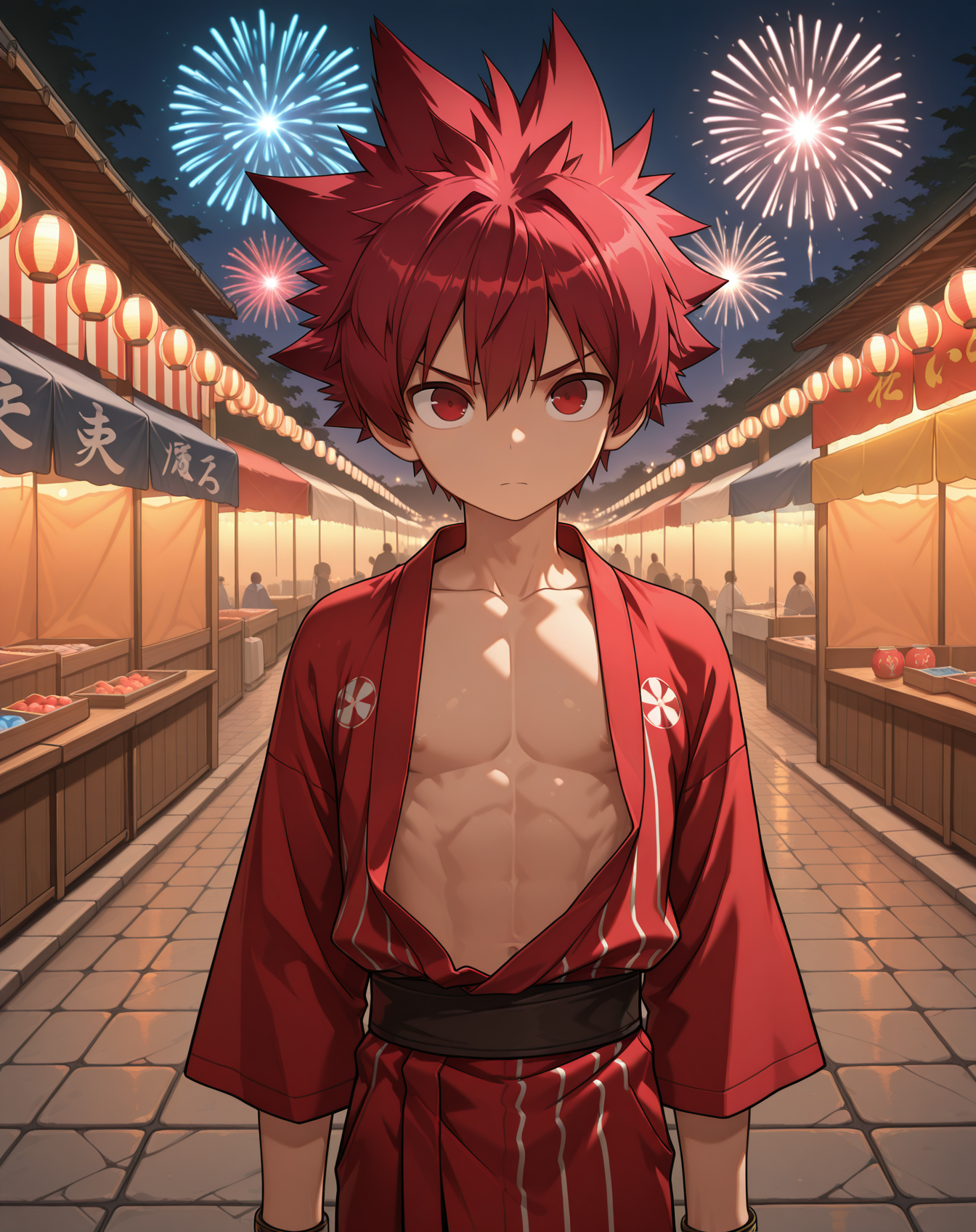 masterpiece,best quality,amazing quality, newest, very aesthetic, absurdres,
1boy, solo, yaoi, male focus, looking at viewer, cowboy shot,
<lora:Elsword_Sword_Knight_ilxl:1>  elswordsk, spiked hair, red hair, red eyes,
yukata, open clothes,
outdoors, festival, night, fireworks, stone floor,