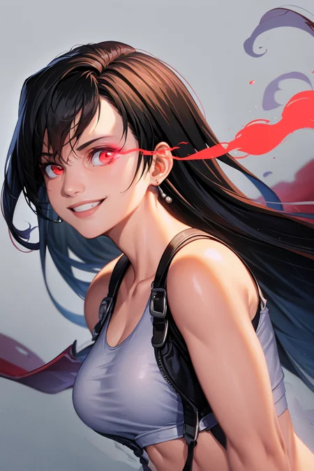 masterpiece, best quality, portrait of tifa lockhart, 1girl, solo, red flaming eye, red eye trail, flaming eye, eye trail, red eye, smile, black hair, long hair