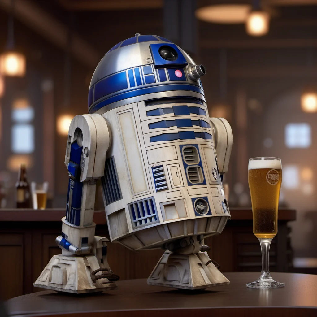 R2D2-1024, a robot having a beer with a straw in a pub, highly detailed, photography, ultra sharp, film, bokeh, professional, 4k <lora:R2D2-1024:0.8>
