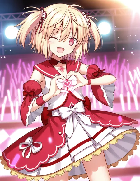 ayano rika, heart hands, closed one eye, stage, glowstick, <lora:ayano_rika_animagine-xl-3.1_LoHA_6_Prodigy_U-NetOnly_0.0357:0.6>