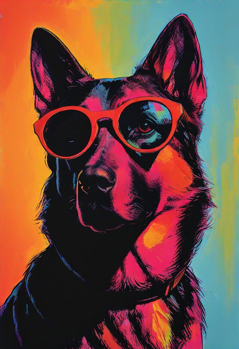 impactful color paint of, a german shepherd dog wearing dark sunglasses, highly detailed, vibrant colors , 8k, sharp, professional, clear, high contrast, high saturated, , vivid deep blacks, crystal clear