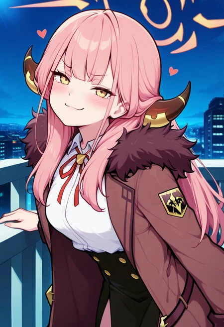 masterpiece, best quality, high resolution, absurdres, fFaceDetail, perfecteyes,
zzAru, yellow eyes, pink hair, long hair, demon horns, halo, brown coat, white shirt, black skirt, red ribbon, fur-trimmed coat, blush, head tilt, heart,
leaning forward, smug,
upper body, side view, smile, shiny skin,
looking at viewer, detailed background, balcony, outdoors, morning lights, cowboy shot, highly detailed