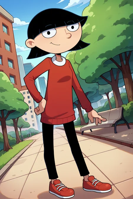score_9_up,score_8_up,score_7_up,score_6_up,score_5_up,score_4_up BREAK rhonda,black hair, black eyes, bob cut, blunt bangs,red sweater, black pants, red shoes, contrapposto, hand on own hip, park, tree, building,smile,arm at side, leaning to the side, dutch angle, looking at viewer,    <lora:RhondaPony:1>