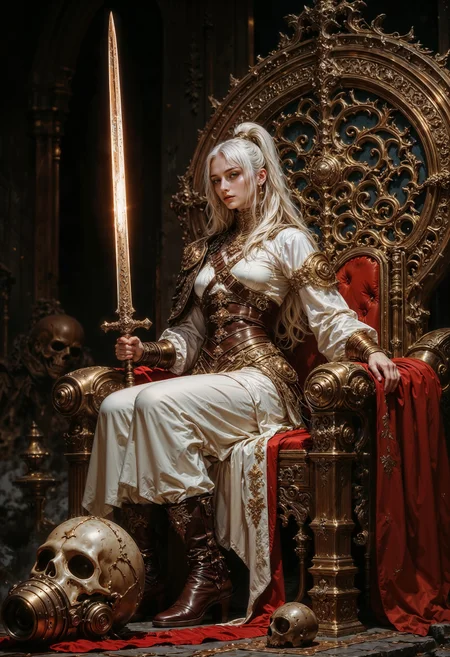 cinematic photo. Image is a digital painting featuring a fantasy-themed scene. The layout is vertical, focusing on a central female figure seated on a large, ornate stone throne. The woman has fair skin and long, white hair styled in a high ponytail. She wears a white, sleeveless tunic with a brown leather belt and arm guards. Her expression is confident and relaxed, with a slight smirk. A large sword rests across her lap, its blade extending diagonally across the image. The background is dark, enhancing the dramatic lighting on the subject. A red cloth drapes over the arm of the throne, and a skull with a gas mask-like appearance is positioned in the foreground, adding to the fantasy and slightly dystopian atmosphere. 35mm photograph, film, bokeh, professional, 4k, highly detailed <lora:flux.1_lora_flyway_Epic-detail_v2:0.85> <lora:Anime Art V3:0.8> <lora:FluxMythAn1meL1nes:0.8>