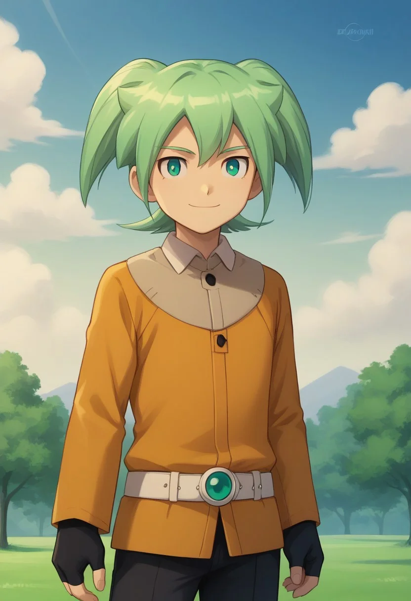 score_9, score_8_up, score_7_up, source_anime, highly detailed,
feirun, 1boy, male focus, solo, green hair, twintails, green eyes, jacket, yellow jacket, long sleeves, gloves, black gloves, fingerless gloves, belt, pants, black pants, smile
outdoor, sky, cloud, tree