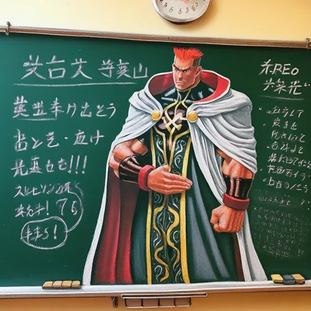 great quality,chalkboard,traditional media,1boy, hero,mantle,street fighter,