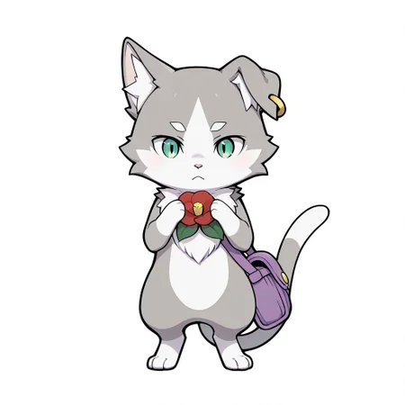 camellia flower, 1boy, solo, full body, furry, male, chibi, pu_ck, feral, cat, small body, green eyes, two-tone fur, gray-white, piercing, gold earring, earring in left ear, purple bag,