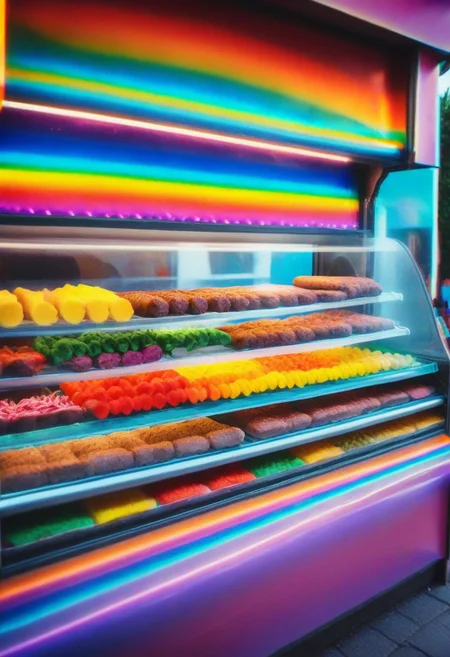Rainb0w, psych3delic, kebab shop, cinematography, kebabs, hdr, depth of focus, analog photography, bokeh, tilt shift, 8k