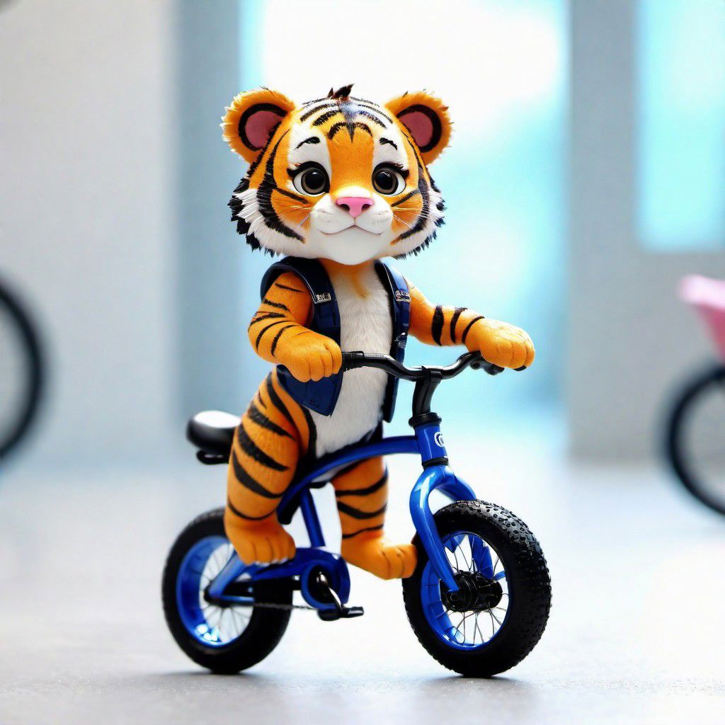 Masterpiece, best quality, portrait, cute baby tiger, happy, standing, wearing cyber clothes, by a cyber cycle, tilt shift, empty large white room in background, 64k UHD, excellent quality, high resolution, (((Bicycle style))) BadDream Unreal Engine