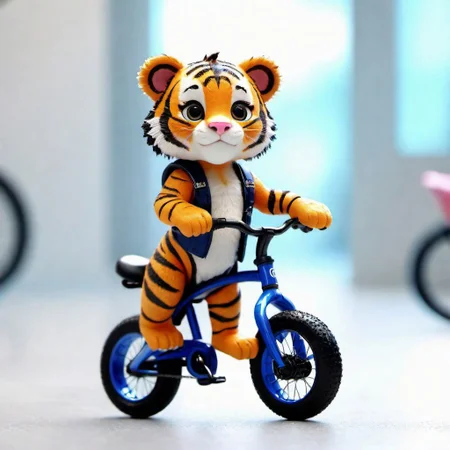 Masterpiece, best quality, portrait, cute baby tiger, happy, standing, wearing cyber clothes, by a cyber cycle, tilt shift, empty large white room in background, 64k UHD, excellent quality, high resolution, (((Bicycle style))) BadDream Unreal Engine