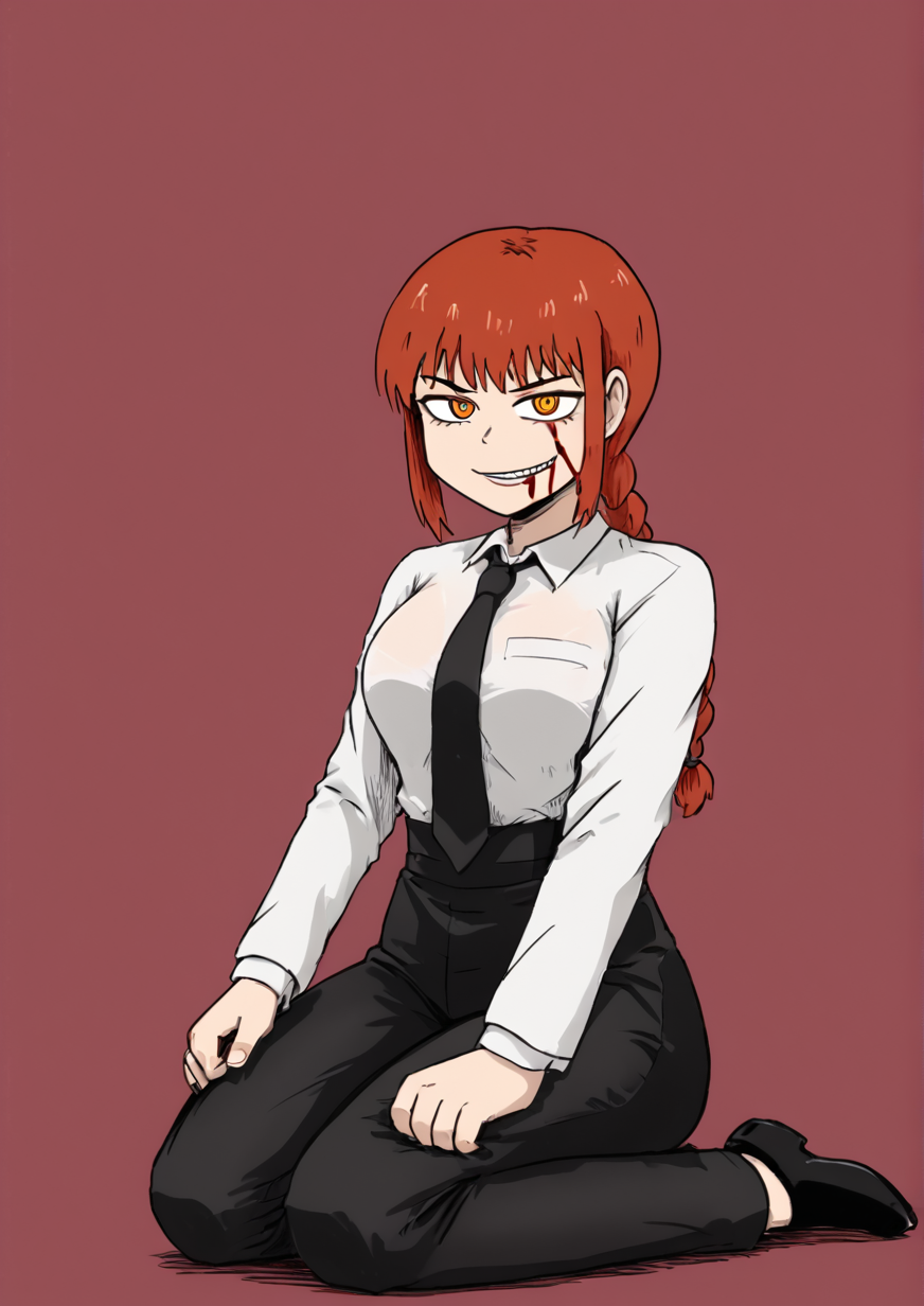 1girl, makima (chainsaw man), huge breast, young girl, black jacket, black necktie, black pants, blood, blood splatter, blood stain, braid, braided ponytail, breasts, business suit, collared shirt, eyebrows, formal, full body, high-waist pants, jacket, long sleeves, looking at viewer, medium hair, necktie, office lady, pants, ringed eyes, shirt, shirt tucked in, sitting, smile, solo, suit, white shirt,  <lora:nice_tackãã¤ã¹å®:1>