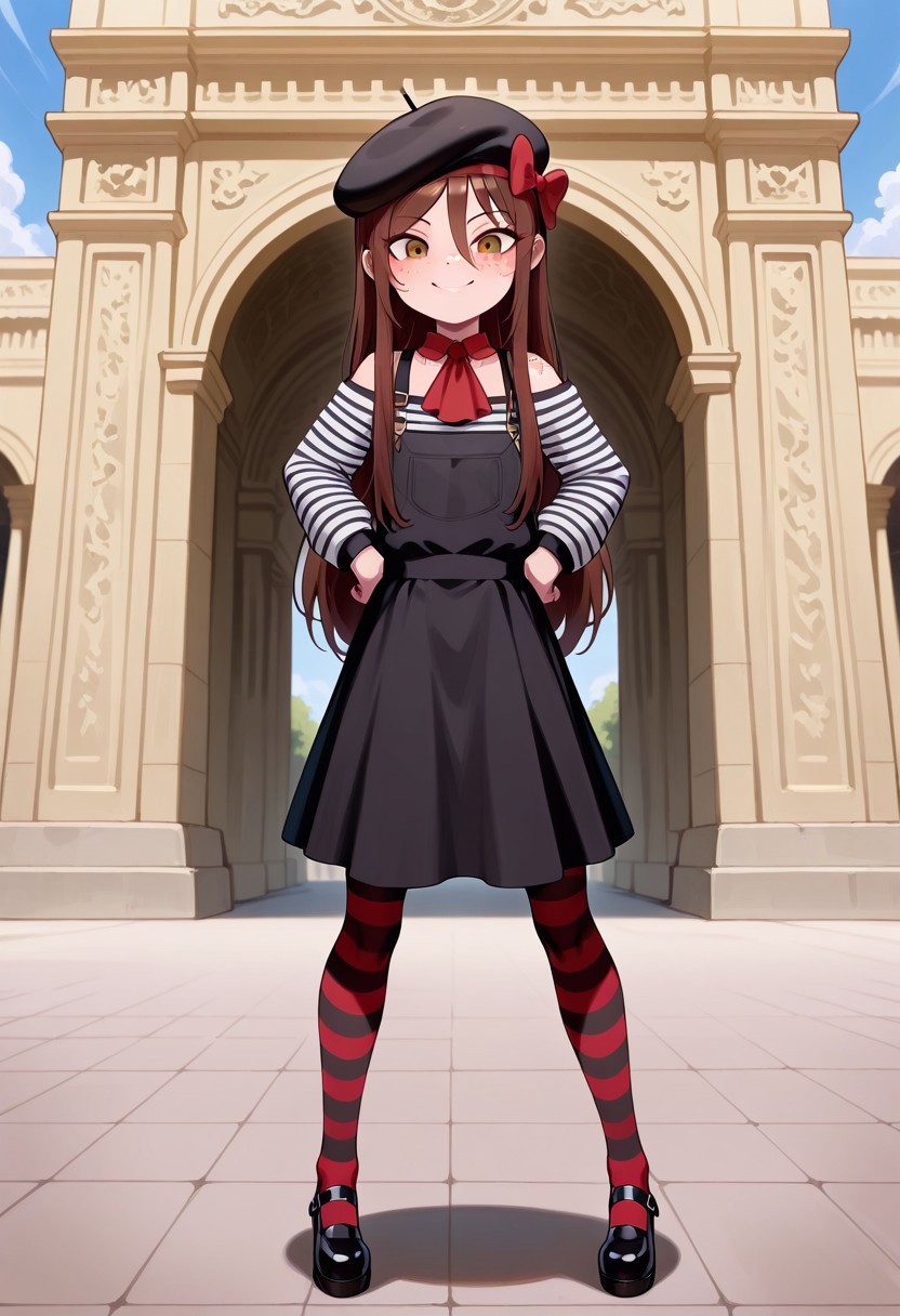 masterpiece, best quality, absurdres, anime screenshot, 1girl, solo, female focus, Carol_CTO, freckles, brown hair, asymmetrical bangs, long bangs, bangs between eyes, sidelocks, very long hair, hair down, CTO_Fr, beret, black headwear, hat bow, red hat bow, ascot, red ascot, striped shirt, long sleeves, off-shoulder shirt, overall skirt, striped pantyhose, mary janes, black footwear, standing, hands on own hips, arc de triomphe, outdoors, smile, full body,
