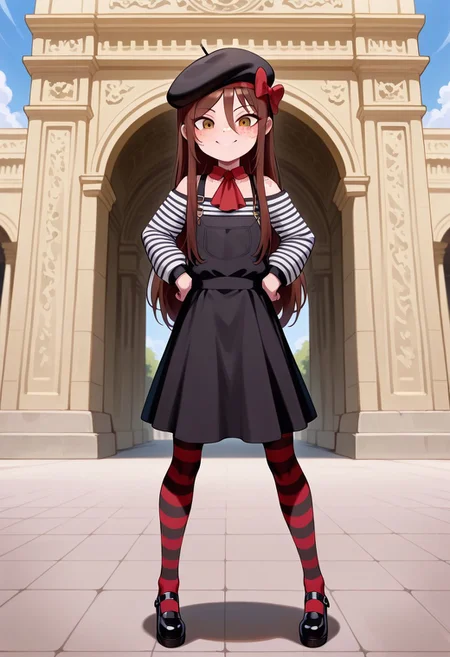 masterpiece, best quality, absurdres, anime screenshot, 1girl, solo, female focus, Carol_CTO, freckles, brown hair, asymmetrical bangs, long bangs, bangs between eyes, sidelocks, very long hair, hair down, CTO_Fr, beret, black headwear, hat bow, red hat bow, ascot, red ascot, striped shirt, long sleeves, off-shoulder shirt, overall skirt, striped pantyhose, mary janes, black footwear, standing, hands on own hips, arc de triomphe, outdoors, smile, full body,