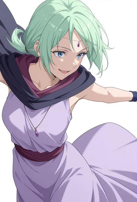 Smooth Quality,masterpiece,very intricate, high quality details, ultra realistic, high detailed skin,detailed enviorement,absurdres,
simple background, white background,solo,
dynamic angle,dancing,
crazy smile,
<lora:Mjurran_cnn:0.7> mjurrancnn1girl, short hair, green hair, blue eyes, frown,necklace, forehead jewel,low ponytail, dress, cape, wristband,