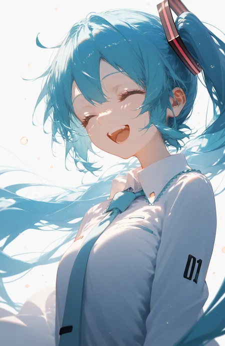 score_9,score_8_up,score_7_up,score_6_up,source_anime,softnai3style,
<lora:softNai3Style01:1>,
solo, hatsune miku, 1girl, twintails, closed eyes, long hair, open mouth, floating hair, smile, close-up, simple background, happy, white background, teeth, upper body, very long hair, light particles, shirt,,