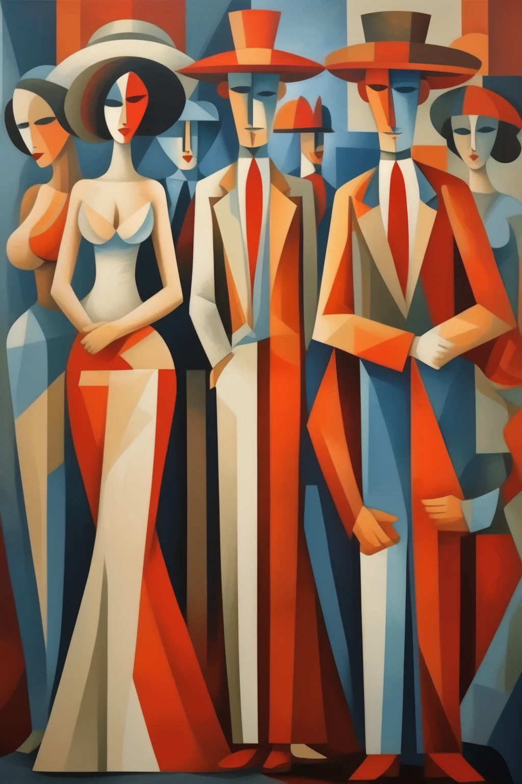 <lora:Jean Metzinger Style:1>Jean Metzinger Style - men and women full bodys in traditional clothing cubism poster style