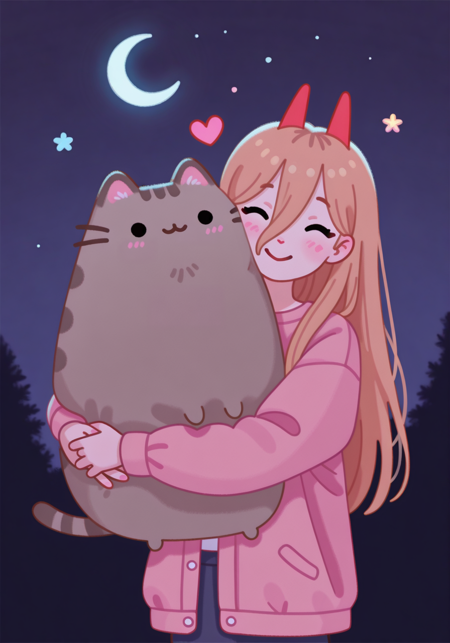 embedding:IllusP0s, pikaole, hugging Pusheen, hug, 1girl, solo, loving, smile, night, power_\(chainsaw man\)<lora:PusheenIXL.safetensors:1.0:1.0> <lora:pikaole_ill.safetensors:1:1>