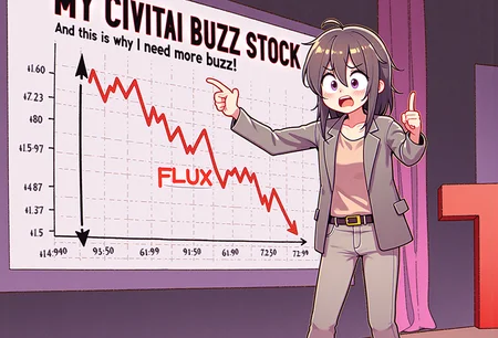in the style of anime artist Tianliang Duohe Fangdongye, The scene captures a moment of tension and desperation during a TED Talk presentation. On stage stands a young woman, dressed in business casual attire, possibly wearing a blazer over a simple blouse, with her hair slightly disheveled, signaling her anxiety. She is pointing with her index finger at a giant screen behind her with exaggerated urgency. The screen displays a stock market-like graph labeled "MY CIVITAI BUZZ STOCK" with a pretty steady rise until the date it says "FLUX" then the line is going downward in value rapidly. Above the graph, bold letters spell out, "And this is why I need more buzz!" emphasizing her plea for attention and momentum. Her face reveals a mix of desperation and frustration, her wide eyes and tense posture showing the pressure she's under. Sheâs leaning slightly forward, almost pleading with the audience to understand her point. Her raised hand emphasizes her need for support, but it also highlights her frantic energy.