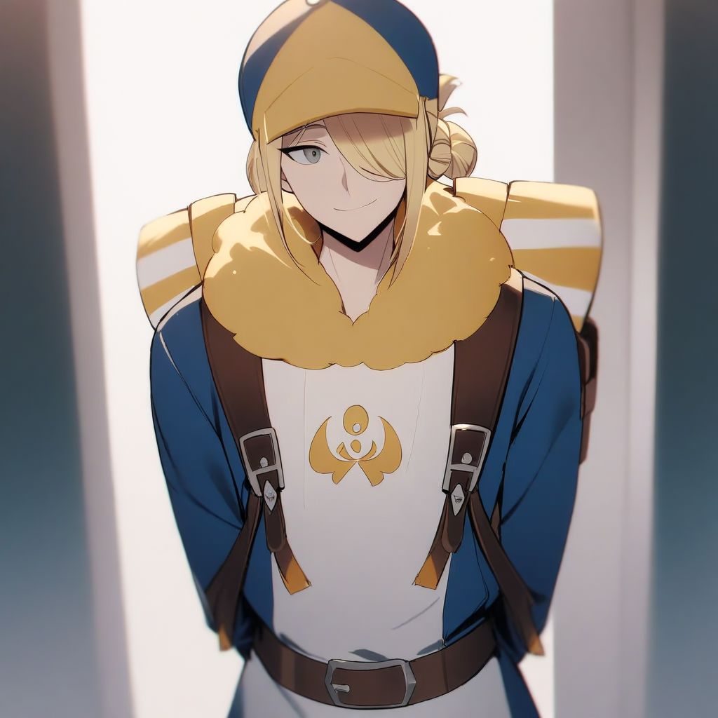 solo, 1boy, male focus, blonde hair, grey eyes, hair over one eye, long hair, masterpiece, best quality, absurdres, VoloGinkgo, blue jumpsuit, fur trim, apron, brown belt, backpack, baseball cap, two-toned headwear, blue headwear, yellow headwear, hair bun, sidelocks, very aesthetic, smile, hands behind back, looking at viewer