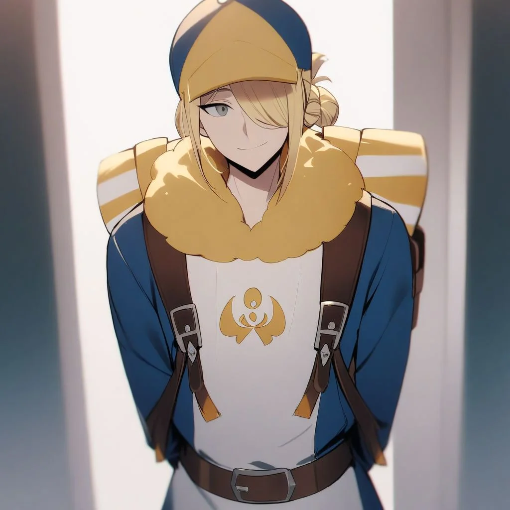 solo, 1boy, male focus, blonde hair, grey eyes, hair over one eye, long hair, masterpiece, best quality, absurdres, VoloGinkgo, blue jumpsuit, fur trim, apron, brown belt, backpack, baseball cap, two-toned headwear, blue headwear, yellow headwear, hair bun, sidelocks, very aesthetic, smile, hands behind back, looking at viewer