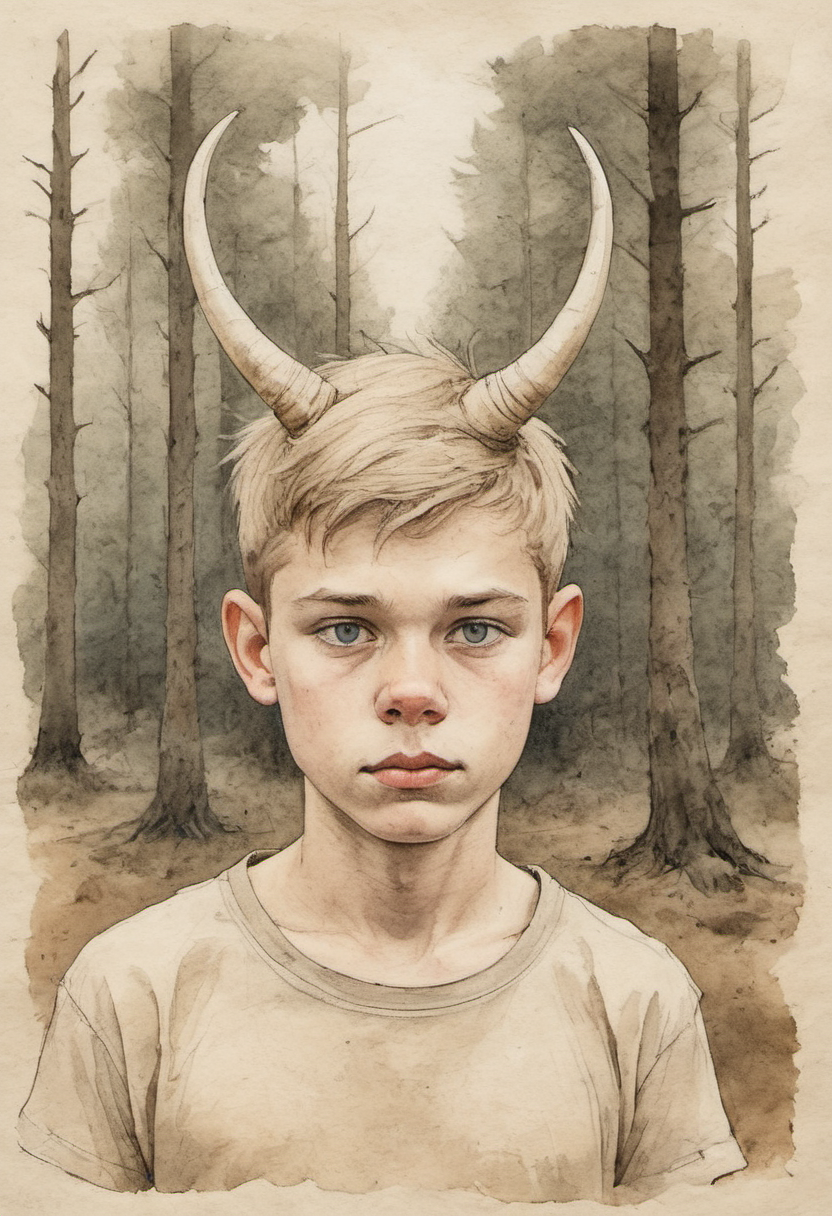 ink and watercolor on parchment minimal portrait of a finnish teen boy with two small ivory horns on his head in a scrub forest at high noon