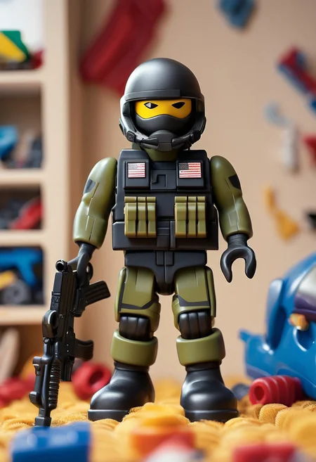 novuschroma53 style a handmade, cartoon, statue of a G.I. Joe, in combat with toys, in a boys room, full body, isometric, top down, game asset, handmade, game icon, cartoon
