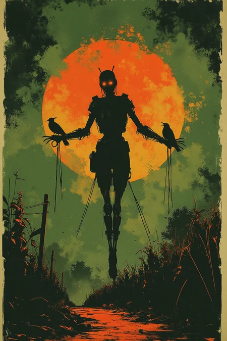 A screen print artwork in a green and orange bichromy. Inkstyle old engraving. In a dimly lit abandoned corn field, the silhouette of a steampunk mechanical scarecrow stands creepily, hands-up forming a cross, like a disjointed puppet. Some crows are there on his arms, looking around with hunger. A thick fog that gradually morphs into an ethereal aura add a glommy atmosphere to the scene. The scarecrow eyes shine with a bright weird light, echoing the full moon behind him. A non-printed frame all around the illustration reveals the paper texture.