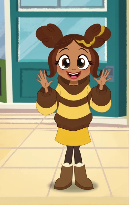 ((score_9)), score_8_up, ((high quality)), ((masterpiece)) BREAK
DCSG Style, KarenB, KarenB Normal, Dark skin, brown hair, double bun, hair bun, Striped, sweater, smiling, looking at viewer waving, good hands, good anatomy <lora:DC_Superhero_Girls_2019:0.8>,<lora:pony_good_hands:0.8>