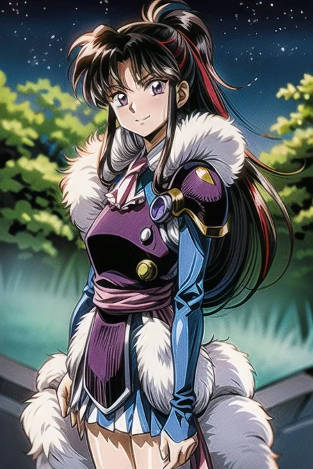 best quality 1girl Setsun4 solo long hair, (night time) forest background black hair very long hair purple eyes multicolored hair armor, small, (fur trim) (medium body),<lora:EMS-179-EMS:0.800000>,<lora:EMS-293862-EMS:0.800000> bow, hair_bow, hair_tubes, red_bow, brown_hair, long_hair, bangs, ascot, frilled_bow, yellow_ascot, blush, smile, hair_between_eyes, athletic, armor, miko, Smiling, happy,