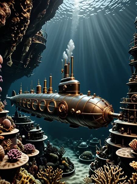 photo focus on science fiction solo focus, underwater outdoors, realistic scenery, (steampunk spacecraft submarine), <lora:Nautilus:.85>, nautilus-style. very wide shot, rocky cliff seabed, dark, film, professional, 4k, highly detailed