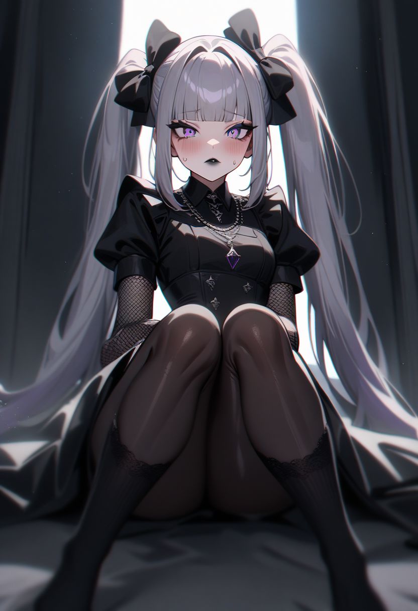 1girl, looking at viewer, solo, anime style, woman, perfect slim hourglass figure, narrow waist, depth of field,  scenery, dark lipstick, long eyelashes, , pose,  small breasts, wide hips, narrow waist, slim hourglass figure, hat , goth dress, knees socks,  garters, medium hair, blunt bangs, gloves, elbow gloves, fishnet gloves, made dress, black dress, long hair, breasts, blush, dress, bow, twintails, purple eyes, purple hair, sweatdrop, black dress, makeup, white bow, black nails,  gothic, gothic, black lips, maid hat, white hair bow, makeup, white bow, 
masterpiece, best quality, very aesthetic, absurdres, neon genesis, beautiful, aesthetic, chromatic aberration, ((detailed face)),highly detailed, masterpiece, best quality, very aesthetic, expressive eyes, perfect face,((beautiful eyes)),(((perfect female body))), shiny skin, super idol face, intricate details, (perfect lighting), highres, flush lips, perfect lips, black eyeshadow, thick thighs, thighs ass, indoor, light particle, sitting, sitting on knees, looks with arrogance, looking below, jewelry, extravagant dimond necklaces, lipstick,  evil expression, evil corruption, evil atmosphere,