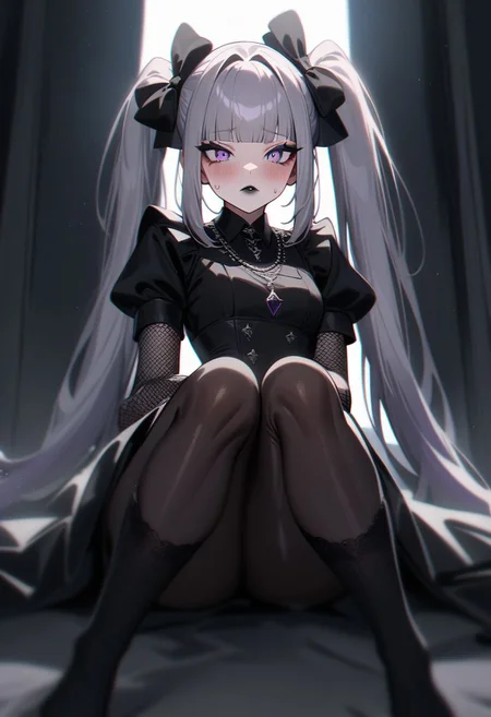 1girl, looking at viewer, solo, anime style, woman, perfect slim hourglass figure, narrow waist, depth of field,  scenery, dark lipstick, long eyelashes, , pose,  small breasts, wide hips, narrow waist, slim hourglass figure, hat , goth dress, knees socks,  garters, medium hair, blunt bangs, gloves, elbow gloves, fishnet gloves, made dress, black dress, long hair, breasts, blush, dress, bow, twintails, purple eyes, purple hair, sweatdrop, black dress, makeup, white bow, black nails,  gothic, gothic, black lips, maid hat, white hair bow, makeup, white bow, 
masterpiece, best quality, very aesthetic, absurdres, neon genesis, beautiful, aesthetic, chromatic aberration, ((detailed face)),highly detailed, masterpiece, best quality, very aesthetic, expressive eyes, perfect face,((beautiful eyes)),(((perfect female body))), shiny skin, super idol face, intricate details, (perfect lighting), highres, flush lips, perfect lips, black eyeshadow, thick thighs, thighs ass, indoor, light particle, sitting, sitting on knees, looks with arrogance, looking below, jewelry, extravagant dimond necklaces, lipstick,  evil expression, evil corruption, evil atmosphere,