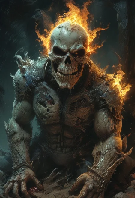 Full body warrior ghost rider after battle bruised, sleepy , sleepy face, open mouth, Stand and brush teeth in front of the mirror., blood every where, dead body on ground, side view, look at his hand, light night, intricate, elegant, sharp focus, illustration, highly detailed, digital painting, concept art, matte, art by wlop and artgerm and ivan shishkin and andrey shishkin, masterpiece, <lora:add-detail-xl:1>, <lora:xl_more_art-full_v1:0.75>