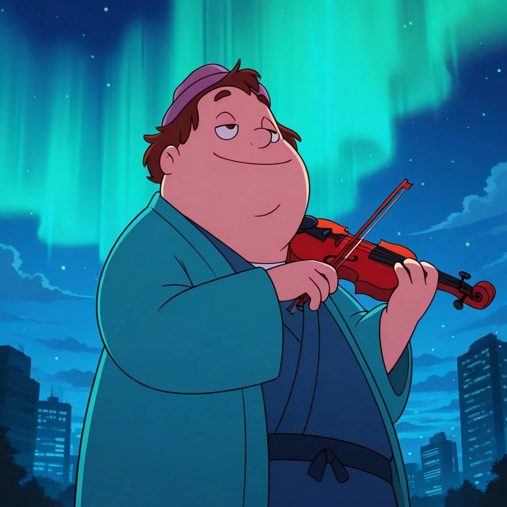 colorful, vibrant, very aesthetic,
masterpiece, best quality, detailed background, absurdres, high quality, plump, low body,
cp-birdie, 1boy, toon (style), solo, fedora hat, city, night, holding instrument, violin, half-closed eyes, looking up, smile, fireflies, aurora, from below, cloud, kimono, holding bow (instrument)