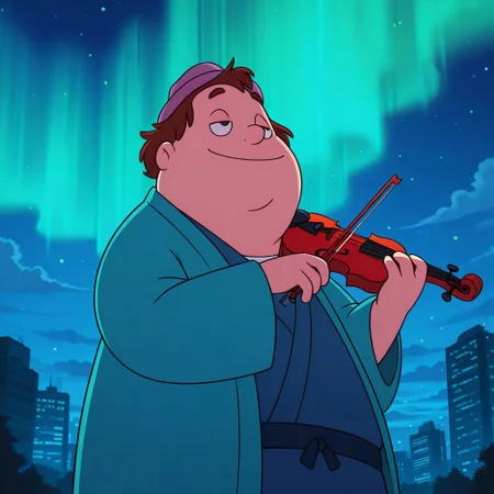 colorful, vibrant, very aesthetic,
masterpiece, best quality, detailed background, absurdres, high quality, plump, low body,
cp-birdie, 1boy, toon (style), solo, fedora hat, city, night, holding instrument, violin, half-closed eyes, looking up, smile, fireflies, aurora, from below, cloud, kimono, holding bow (instrument)