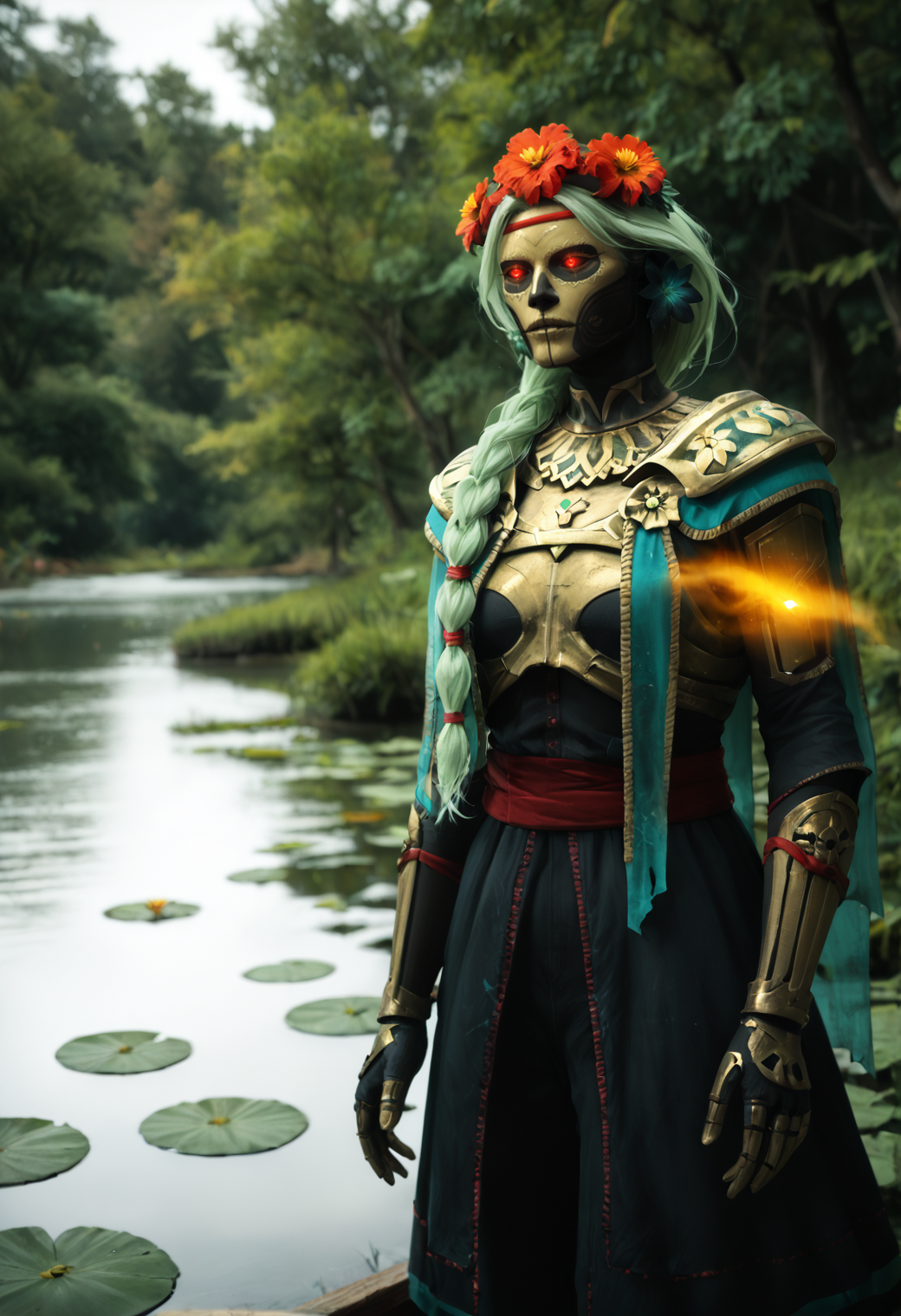 photography, realistic sun light and shadows, photorealism, UHD --ar 9:16 --style raw --stylize 700, 
flower, hair ornament, hair flower,
red eyes, glowing, glowing eyes, colored sclera,
long hair, braid, green hair,
gold mask,
armor, 
 <lora:muerta_v3:1> muerta_v3, score_9, score_8_up, score_7_up, solo, 
A tranquil pond surrounded by weeping willow trees and a wooden dock,, floating over the lake, touching with the feet the surface of the lake,
blur censor, blurry, blurry background, blurry foreground, bokeh, motion blur,
chromatic aberration, depth of field, figure, focused,  focus
absurdres, amazing quality