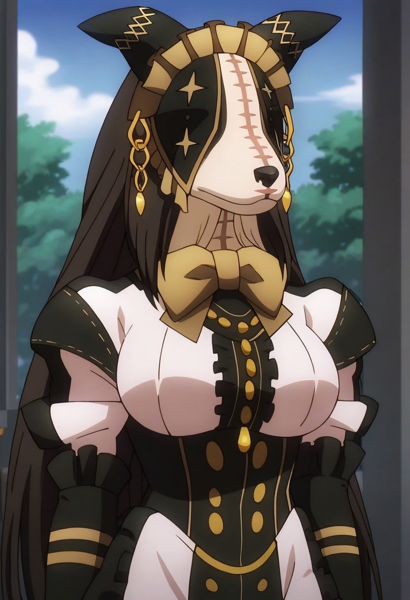 score_9, score_8_up, score_7_up, score_6_up,source_anime, cinematic shadow, cinematic light,  characters focus,detailed skins,perfect large breasts,rating_explicit, (cowboy shot:1.4), ultra detailed background,, pestonya, black long hair, dog girl, dog ears, STITCHES, no humans, furry, pestonyadress, maid, maid headdress, veil, covered eyes, star (symbol),yellow bowtie,frilled wide long sleeves, jewelry,frills,CENTER FRILLS